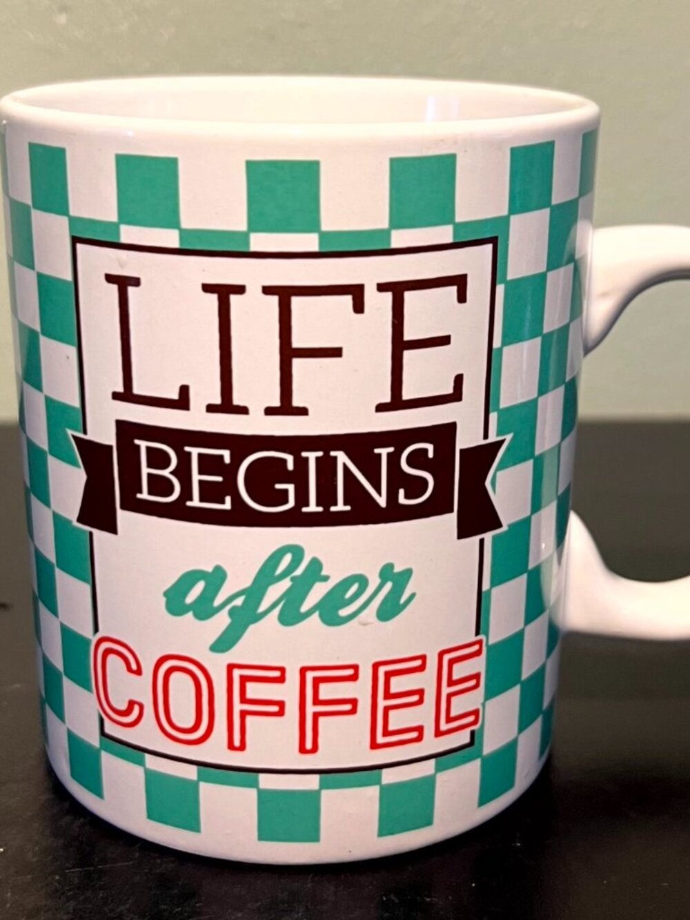 Home Essentials Retro Green Checkerboard "Life Begins After Coffee" Large Mug